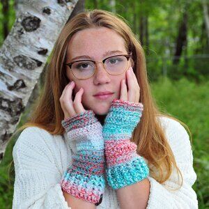 Handmade Coral and Turquoise Fingerless Gloves Made in Canada